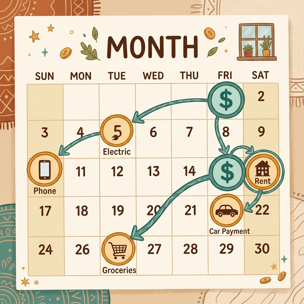 A calendar showing paychecks and bills mapped to specific dates