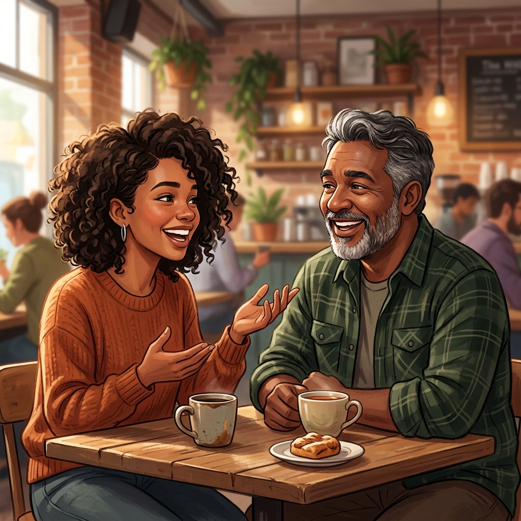 Emma and Uncle Jay sitting at a coffee shop, talking about finances.